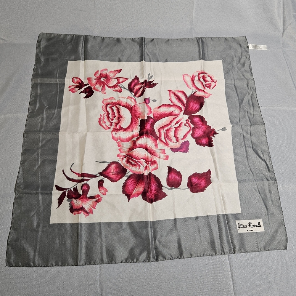Olivia Rosselli VTG Floral Romantic Rose Pink Gray Square Scarf Made In Italy
